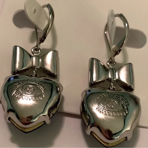 Tory Burch Silver and Blue crystal stone Heart Earrings - Picture 3 of 6